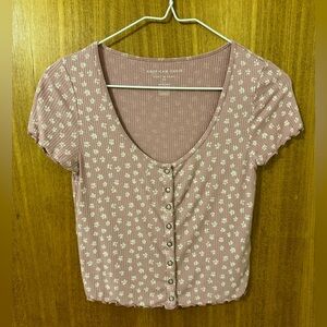 American Eagle Outfitters Dusty Rose Floral Ribbed Button-Front Tee